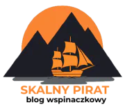 Logo Skalny Pirat – blog wspinaczkowy o wspinaniu i drogach wspinaczkowych, pomarańczowy żaglowiec na tle czarnych gór i pomarańczowego słońca