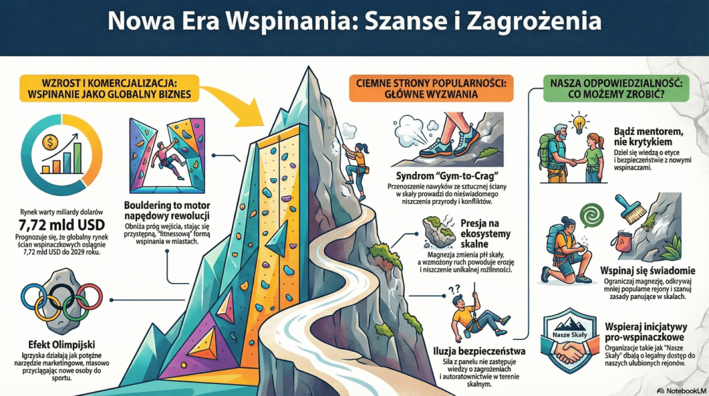 Popularyzacja wspinania – infografika o rozwoju wspinaczki sportowej, komercjalizacji, zagrożeniach dla środowiska i odpowiedzialnym wspinaniu