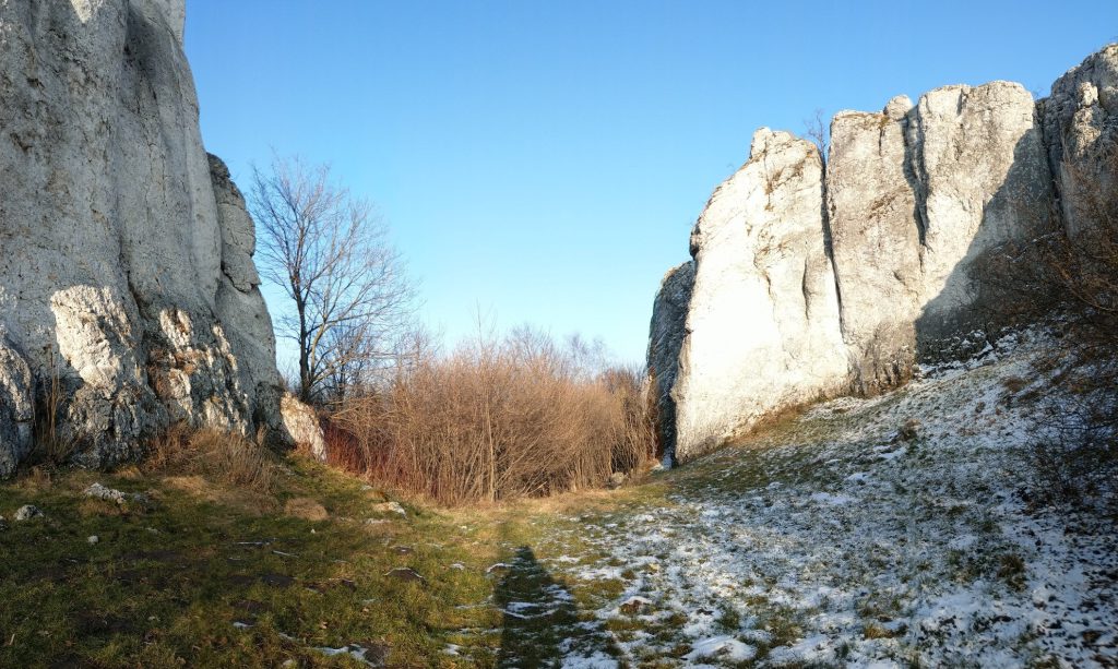 Widok na skałki jurajskie wczesną zimą - trochę słońca i trochę śniegu
